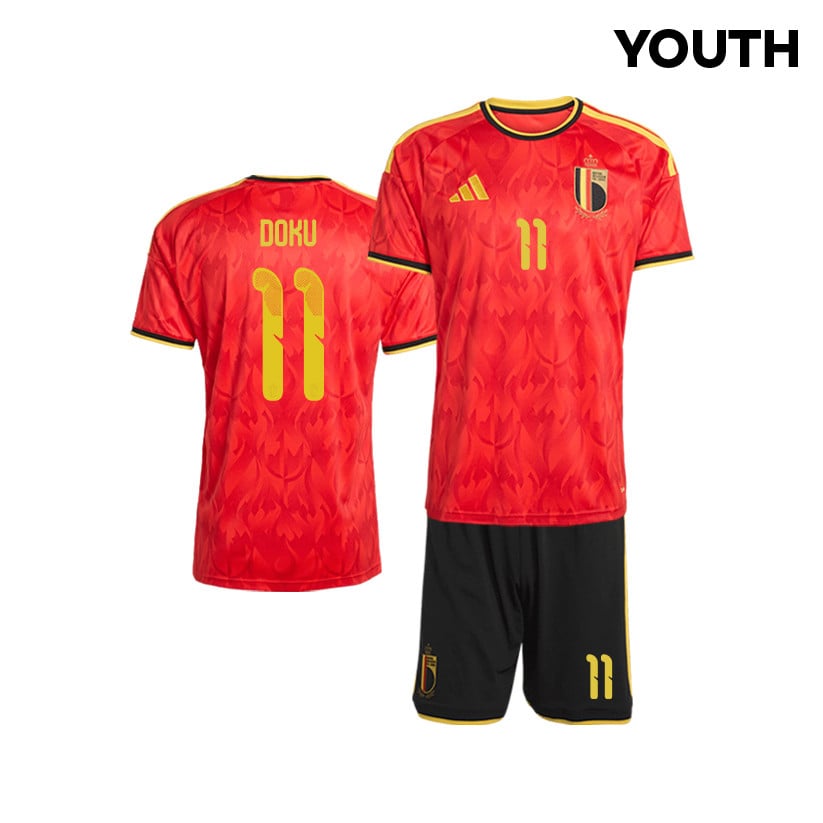 Jérémy Doku 11 Belgium 2026 YOUTH Home Jersey & Shorts Set - Red/Black