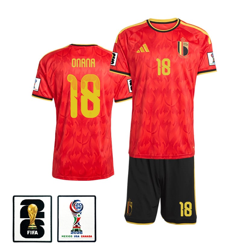 Amadou Onana 18 Belgium 2026 Home Men Jersey & Shorts Set – Red/Black
