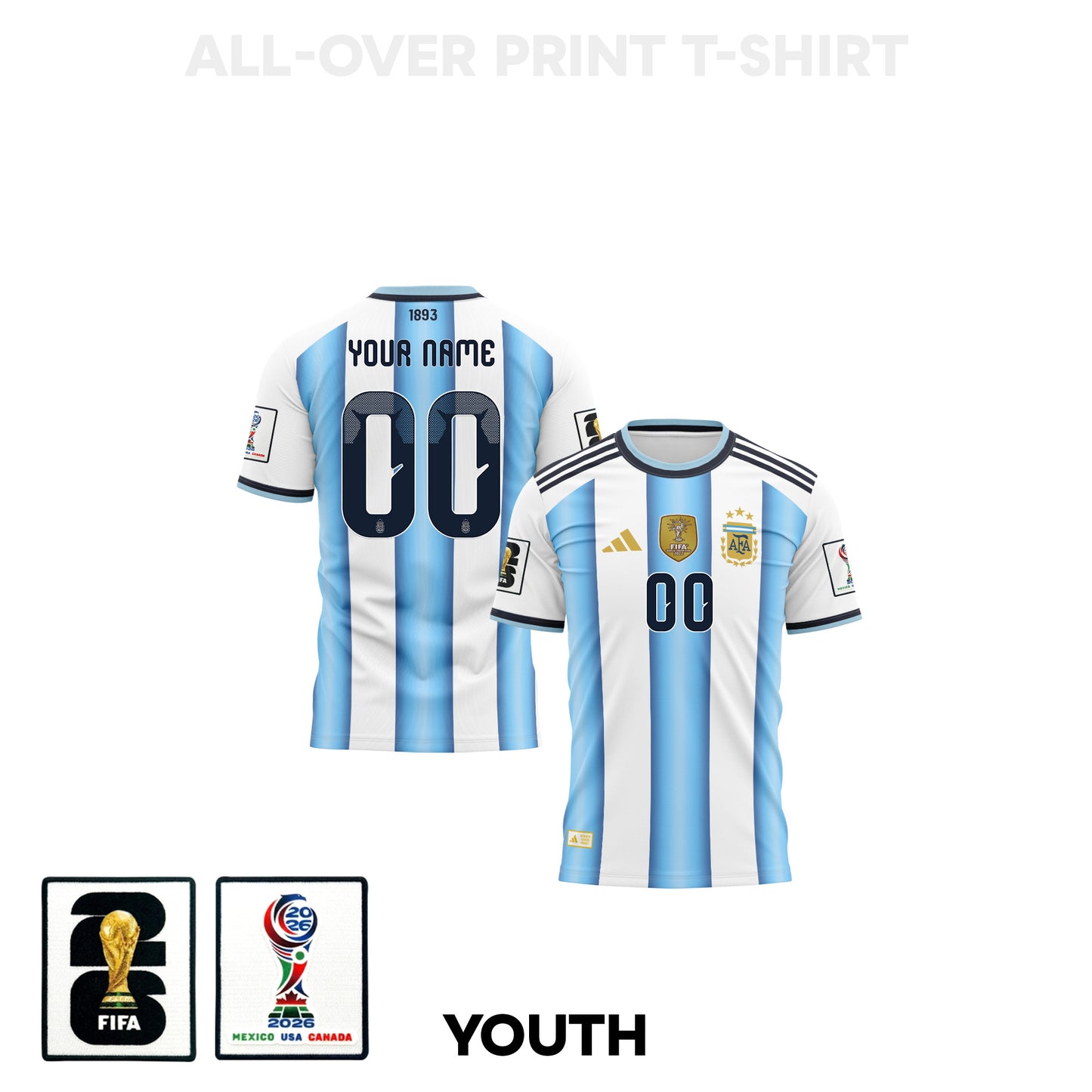 Argentina 2026 Youth Home 3D T-shirt Fully Printed – Personalized –White