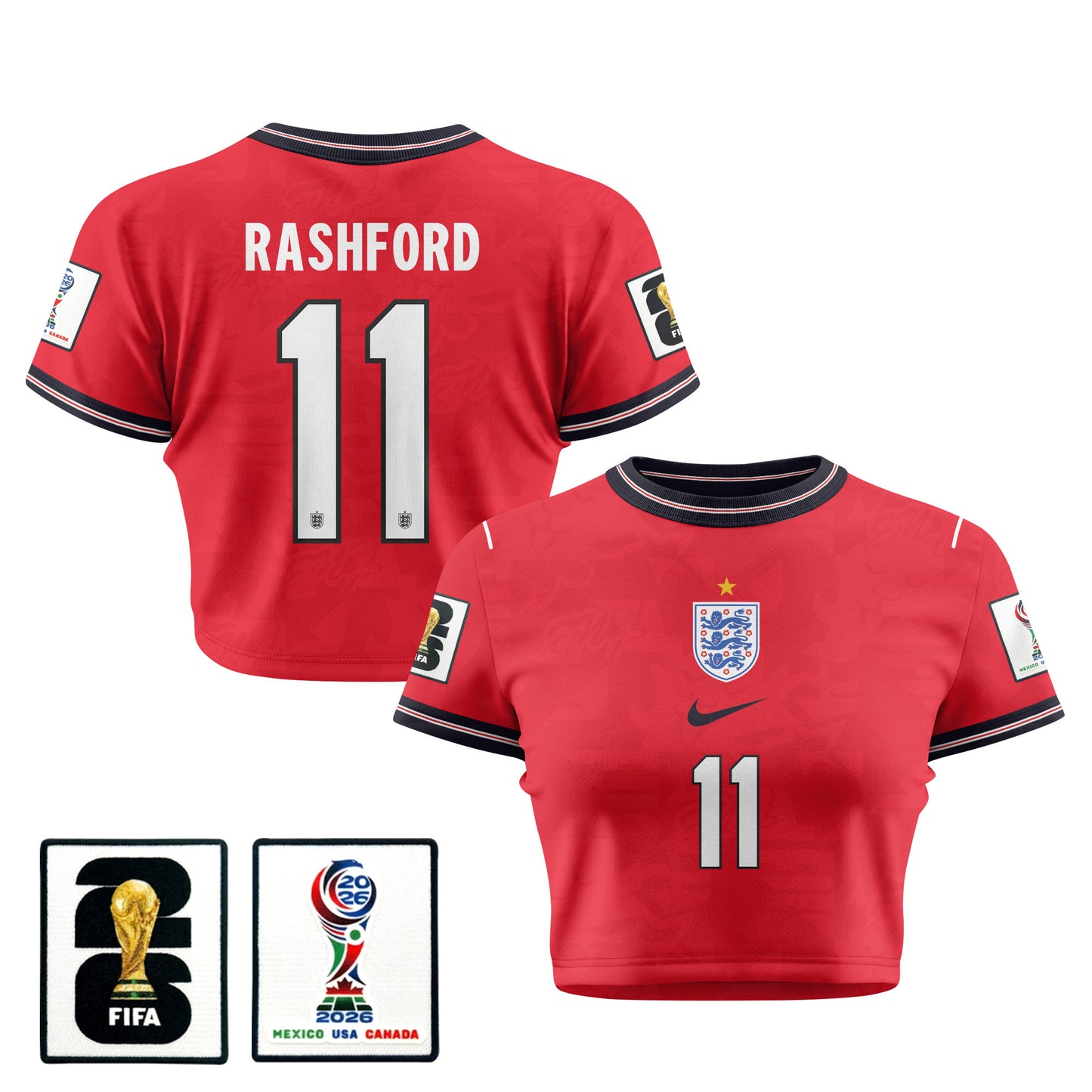 Marcus Rashford 11 England 2026 Women's Home All-Over Print Cropped Jersey - Red