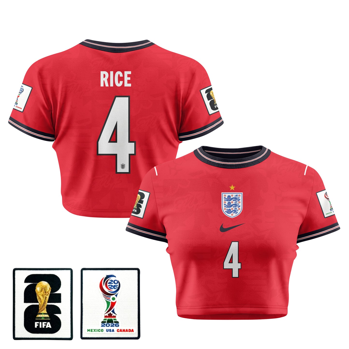 Declan Rice 4 England 2026 Women's Home All-Over Print Cropped Jersey - Red