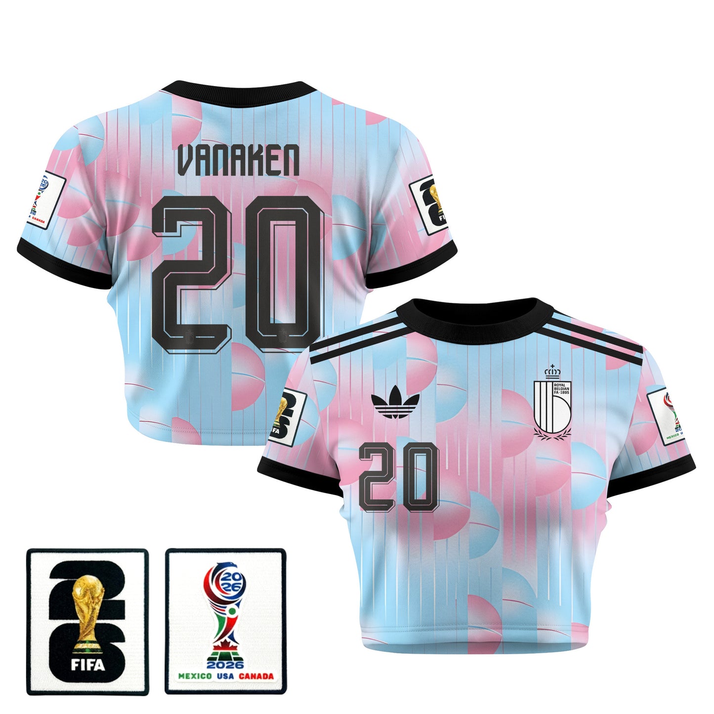Hans Vanaken 20 Belgium 2026 Women's Away All-Over Print Cropped Jersey - Light Blue