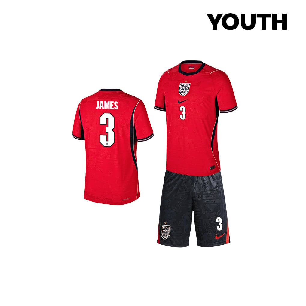 Reece James 3 England 2026 YOUTH Away Jersey & Shorts Set - Red/Black