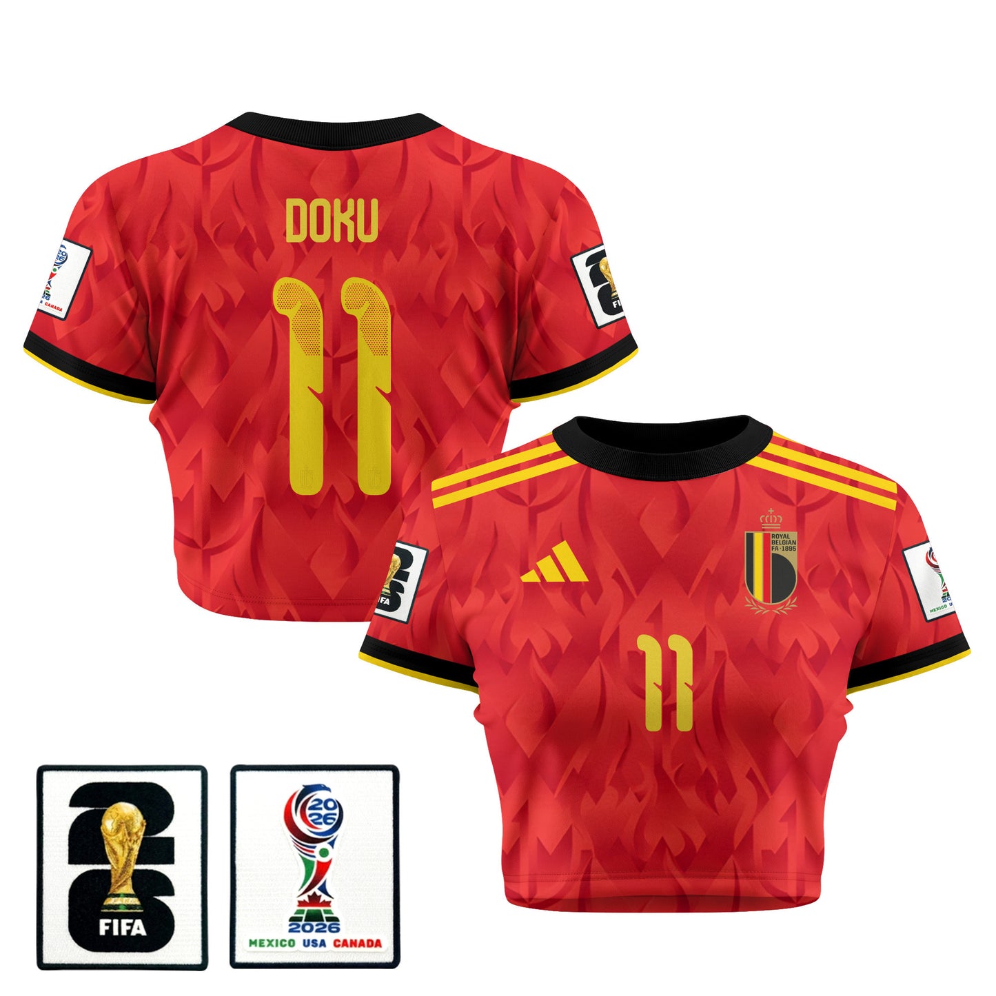 Jérémy Doku 11 Belgium 2026 Women's Home All-Over Print Cropped Jersey - Red