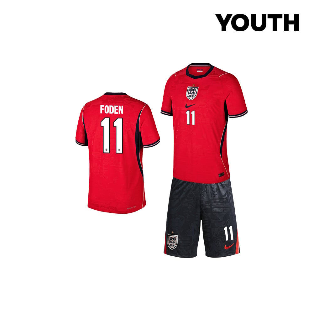 Phil Foden 11 England 2026 YOUTH Away Jersey & Shorts Set - Red/Black