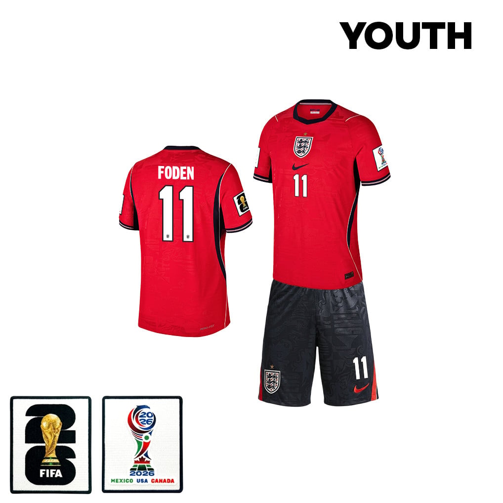 Phil Foden 11 England 2026 YOUTH Away Jersey & Shorts Set - Red/Black