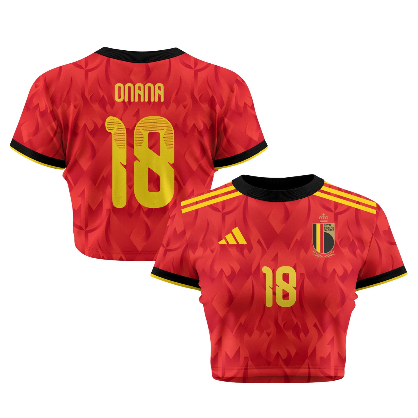 Amadou Onana 18 Belgium 2026 Women's Home All-Over Print Cropped Jersey - Red
