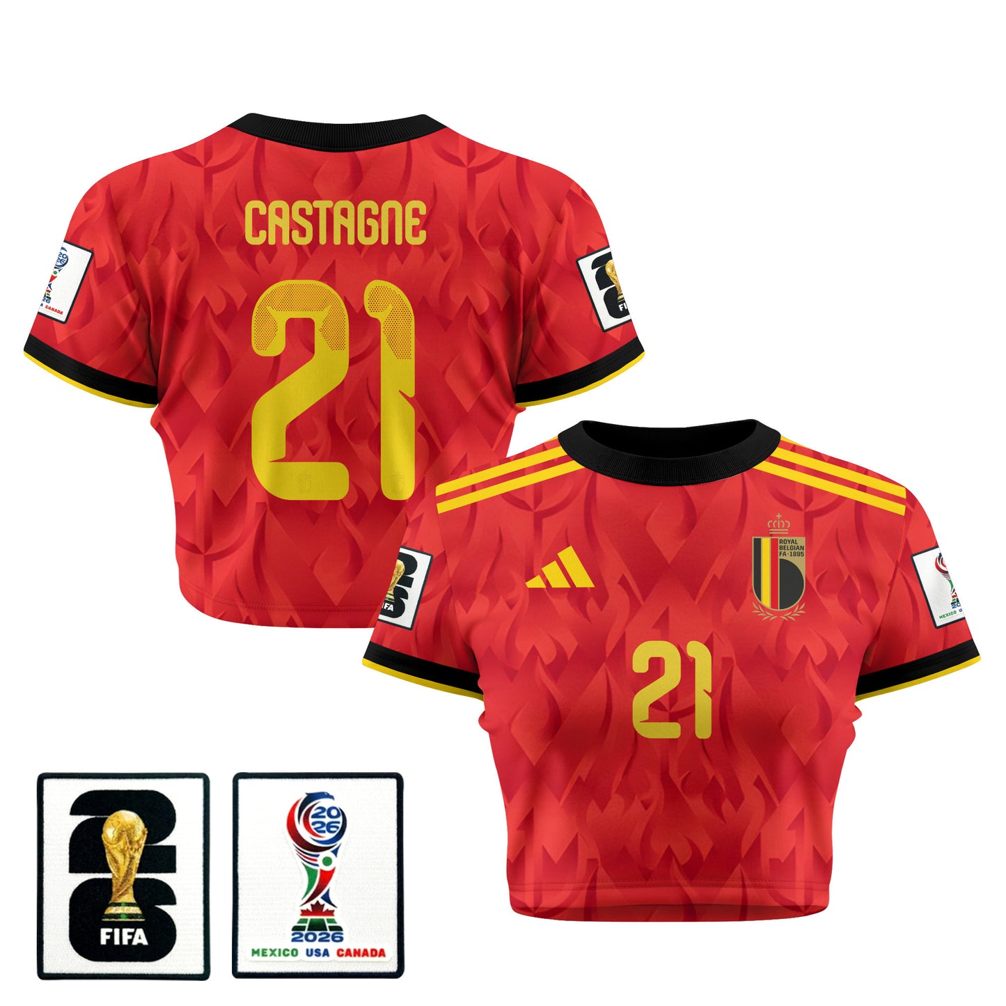 Timothy Castagne 21 Belgium 2026 Women's Home All-Over Print Cropped Jersey - Red