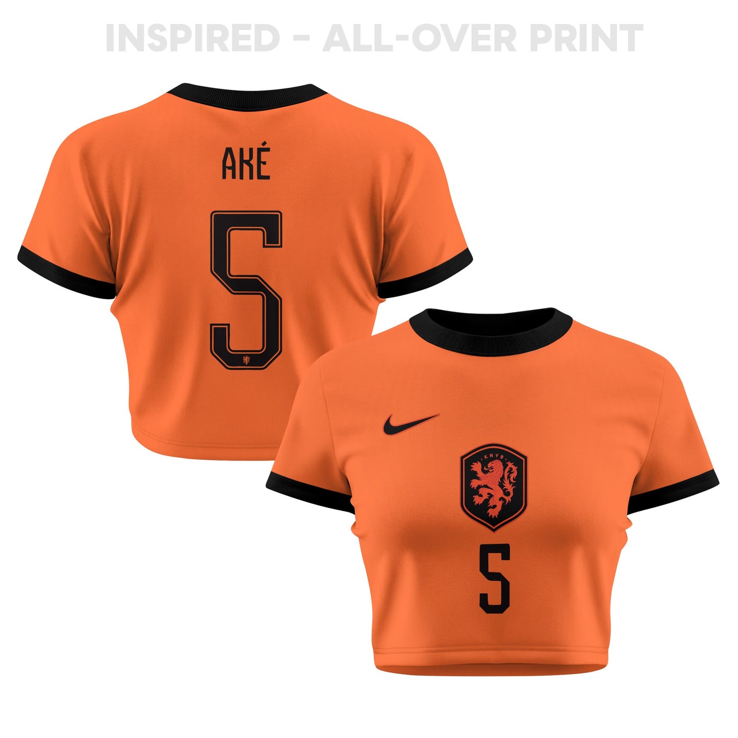 Nathan Aké 5 Netherlands 2026 Women's Home All-Over Print Cropped Jersey - Orange