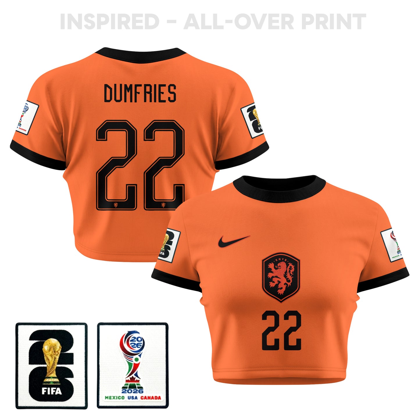 Denzel Dumfries 22 Netherlands 2026 Women's Home All-Over Print Cropped Jersey - Orange