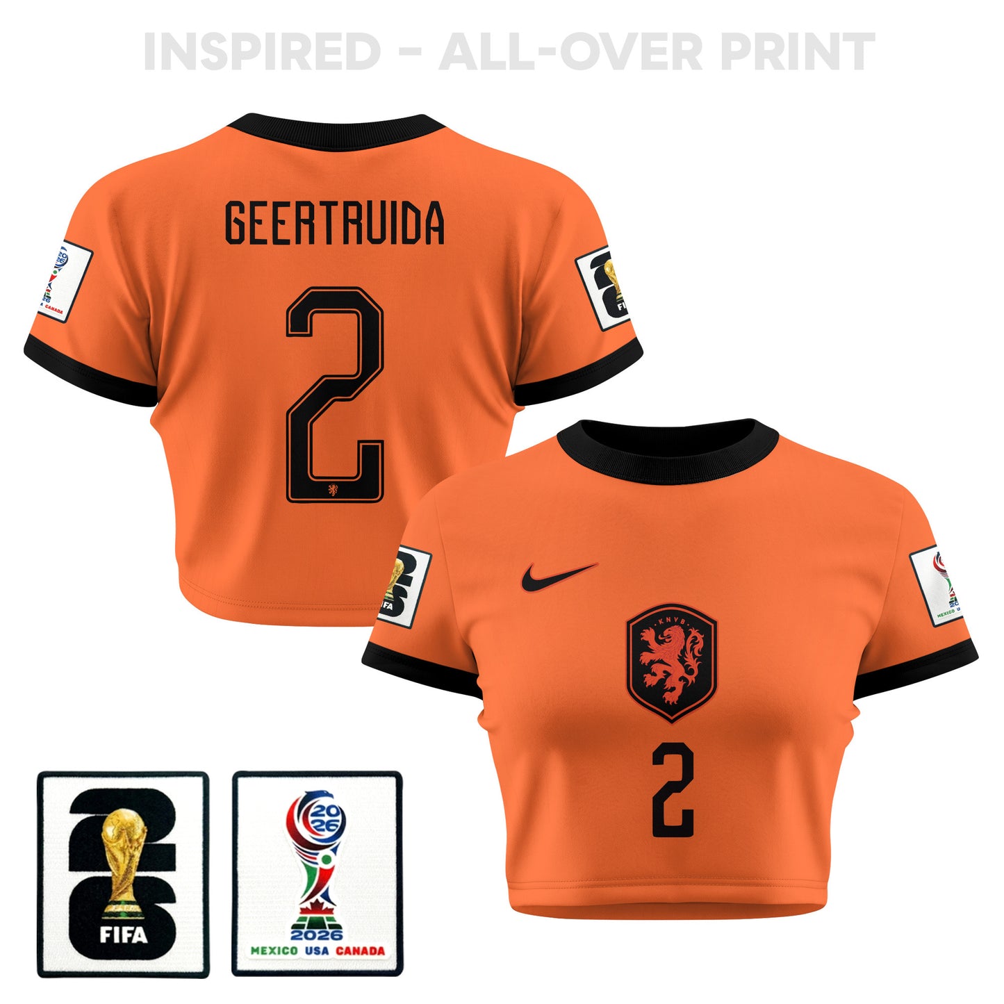 Lutsharel Geertruida 2 Netherlands 2026 Women's Home All-Over Print Cropped Jersey - Orange