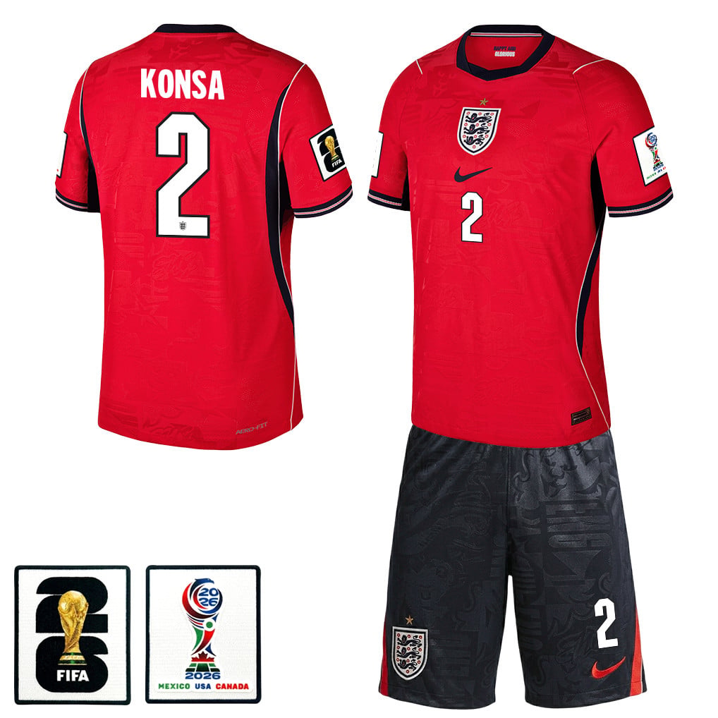 Ezri Konsa 2 England 2026 Away Men Jersey & Shorts Set – Red/Black