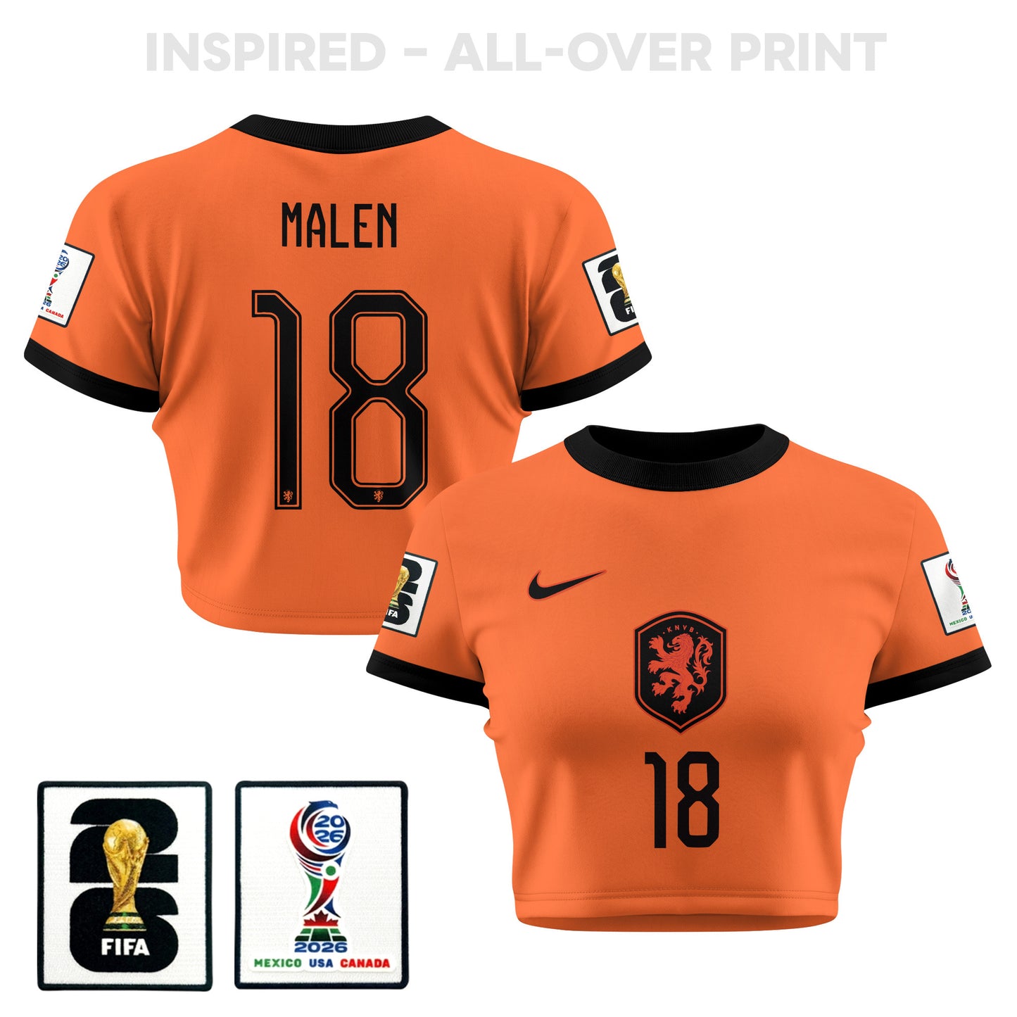 Donyell Malen 18 Netherlands 2026 Women's Home All-Over Print Cropped Jersey - Orange