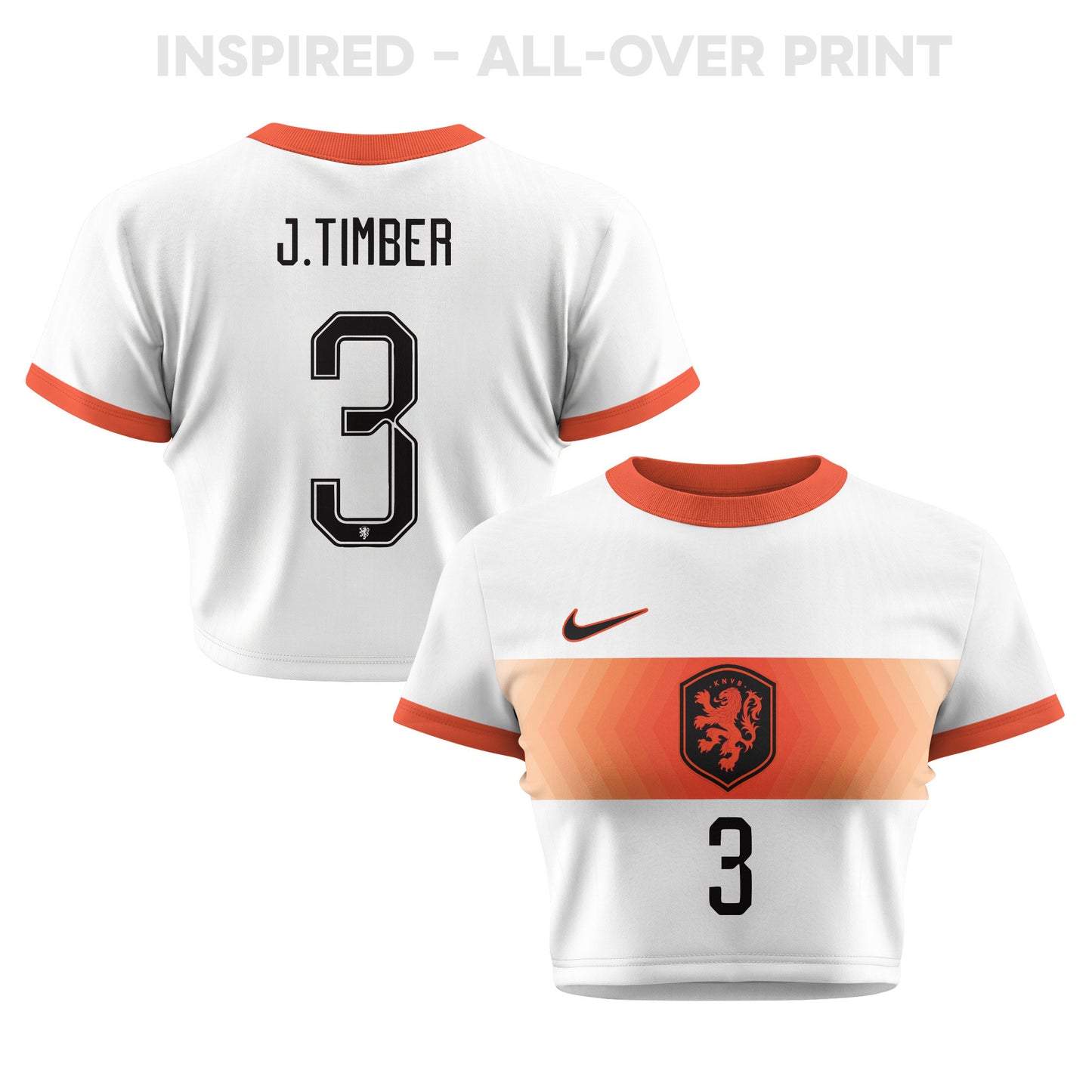 Jurriën Timber 3 Netherlands 2026 Women's Away All-Over Print Cropped Jersey - White