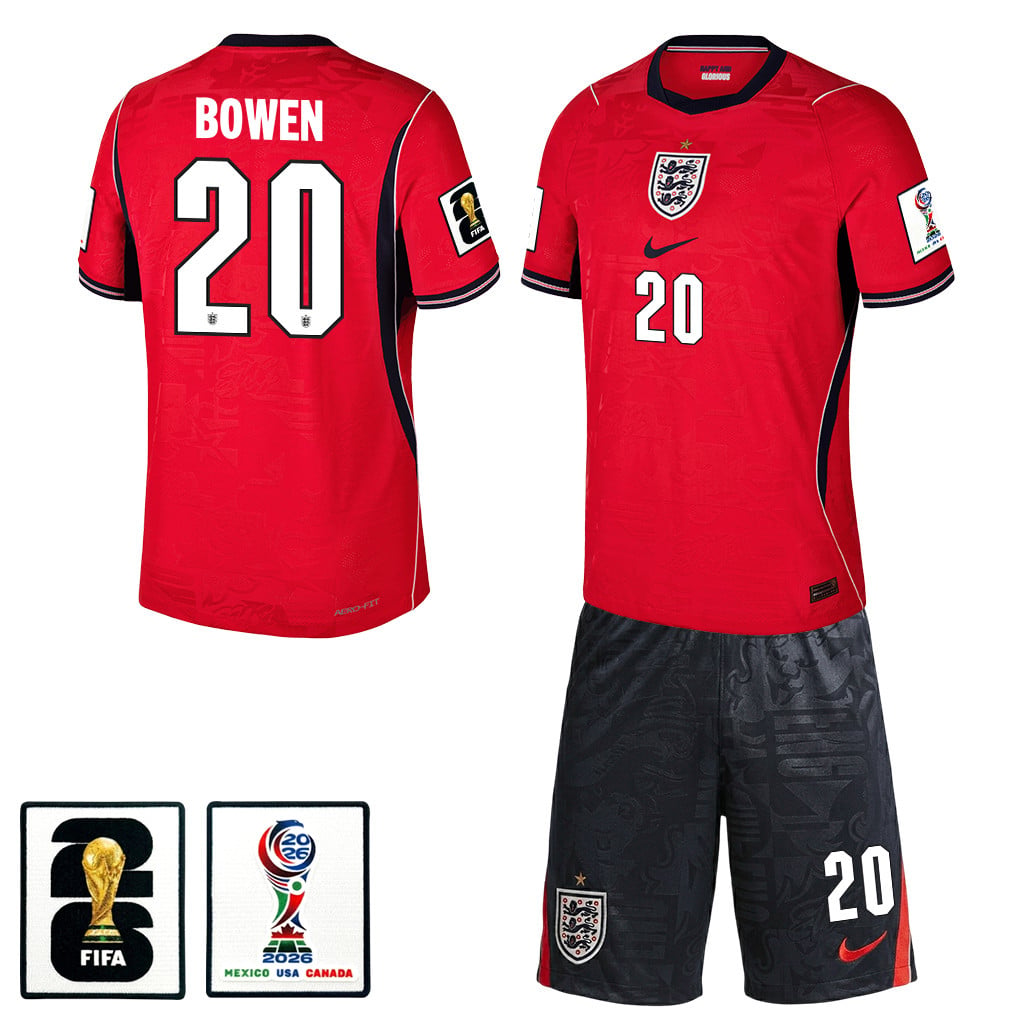 Jarrod Bowen 20 England 2026 Away Men Jersey & Shorts Set – Red/Black