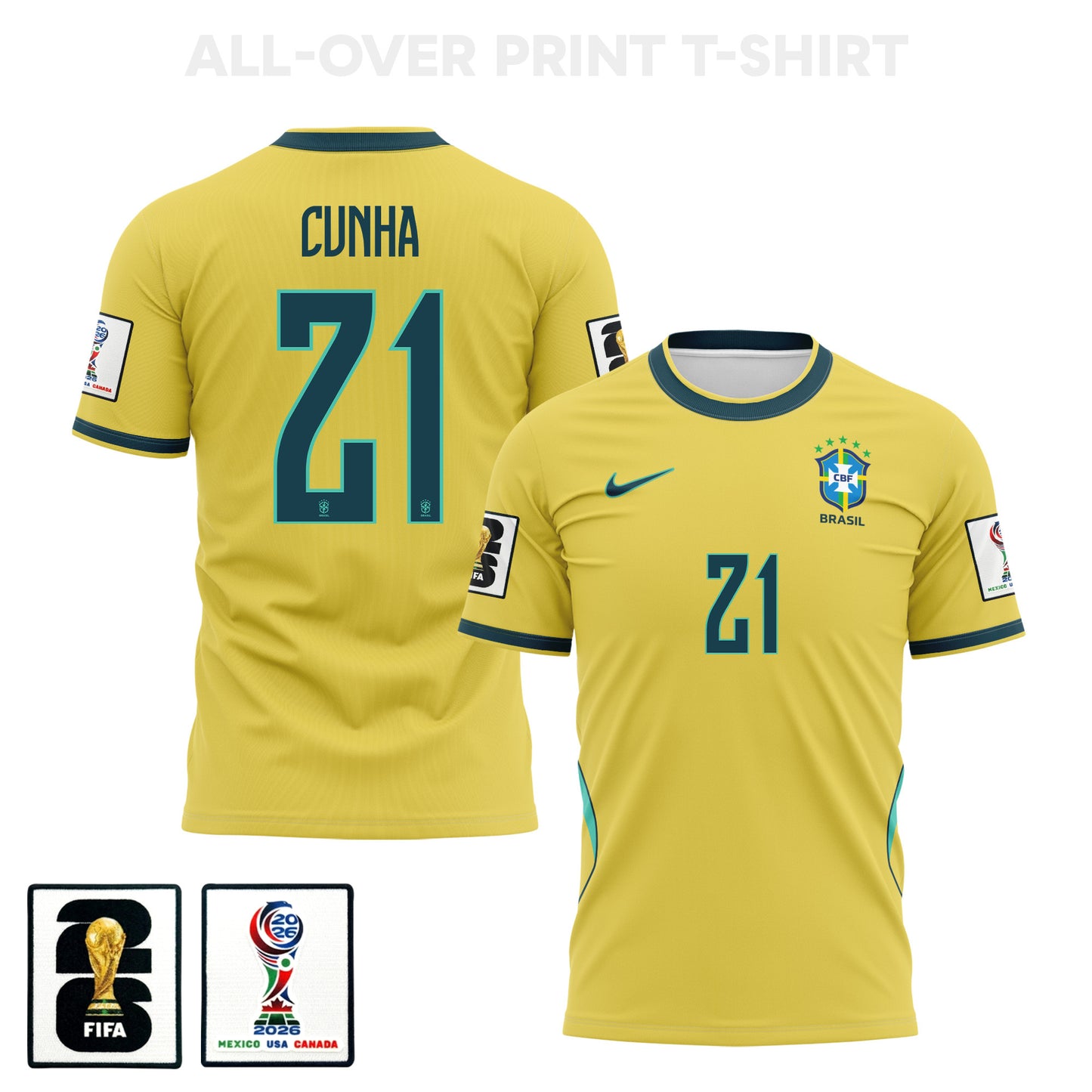 Matheus Cunha 21 Brazil 2026 Home 3D T-Shirt Fully Printed – Unisex, Yellow