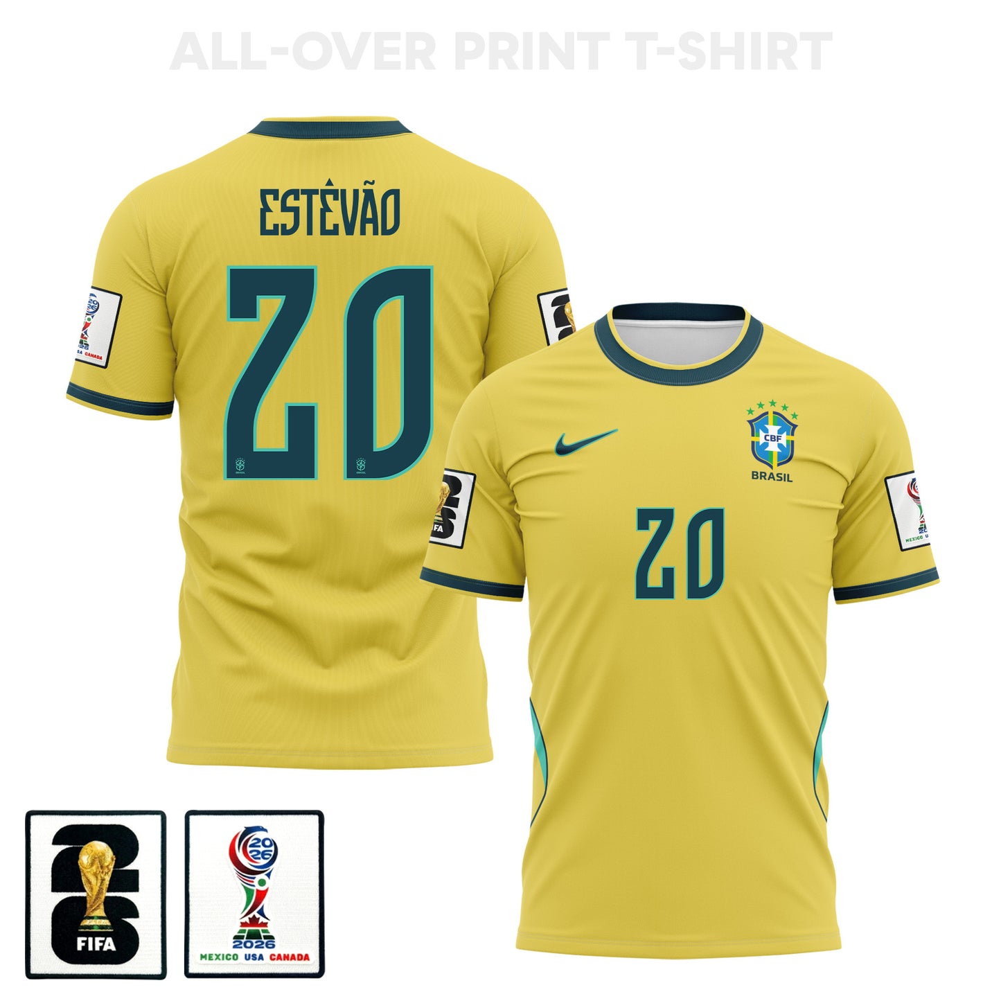 Estêvão 20 Brazil 2026 Home 3D T-Shirt Fully Printed – Unisex, Yellow