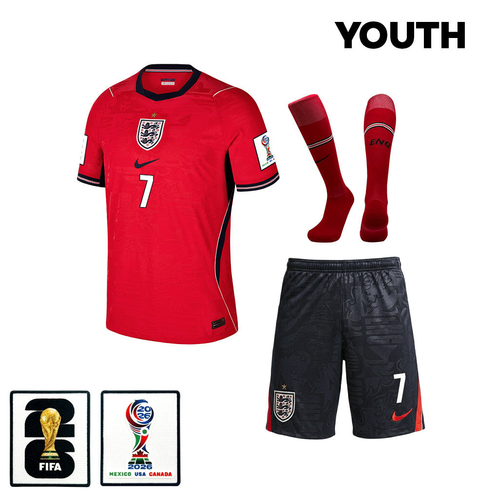 Bukayo Saka 7 England 2026 YOUTH Away Kit Set – Red/Black