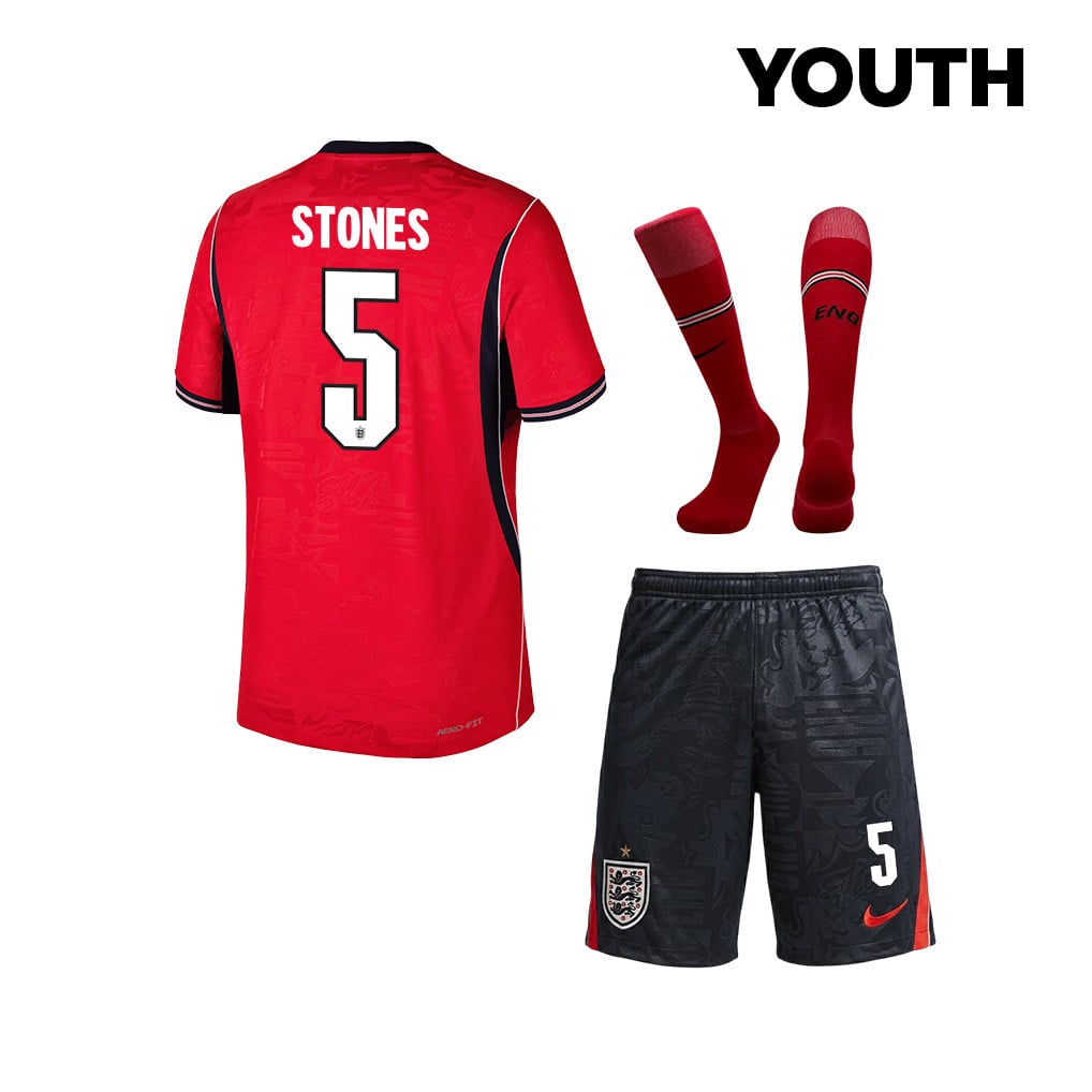 John Stones 5 England 2026 YOUTH Away Kit Set – Red/Black