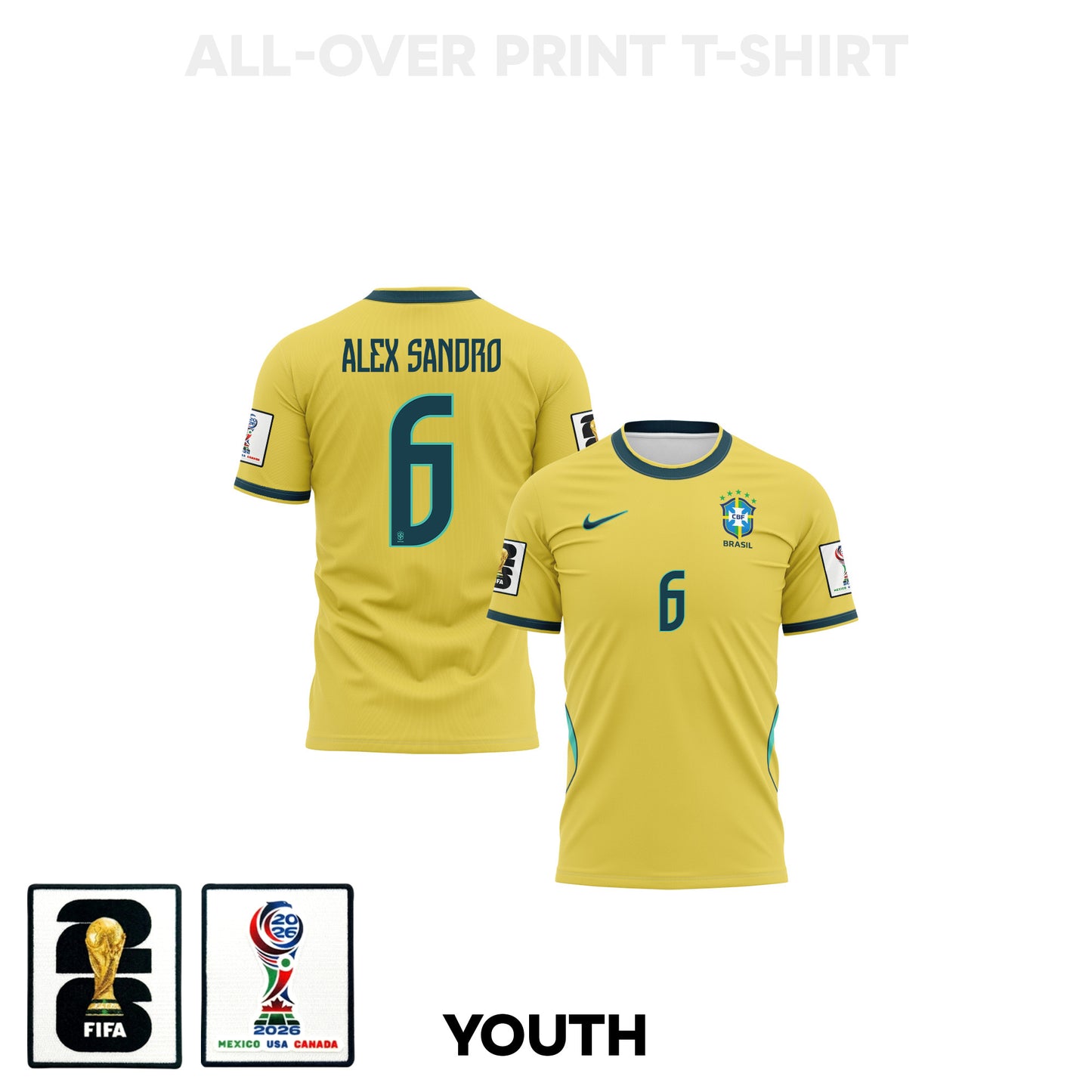 Alex Sandro 6 Youth Brazil 2026 Home 3D T-shirt Fully Printed – Yellow