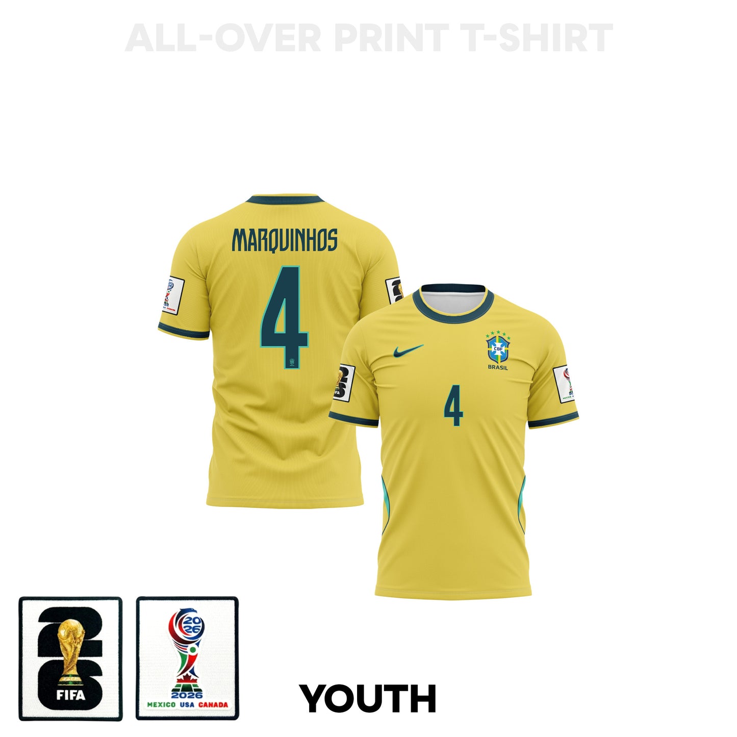 Marquinhos 4 Youth Brazil 2026 Home 3D T-shirt Fully Printed – Yellow