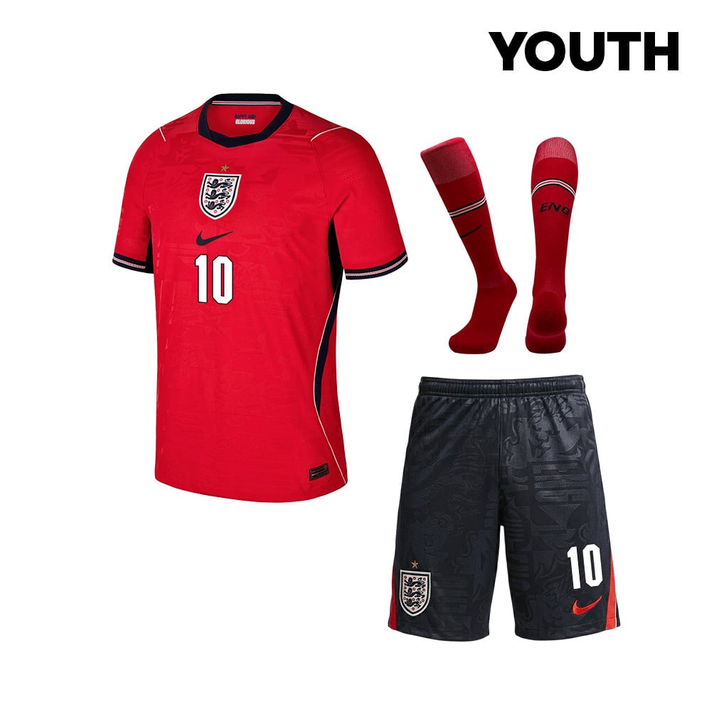 Jude Bellingham 10 England 2026 YOUTH Away Kit Set – Red/Black
