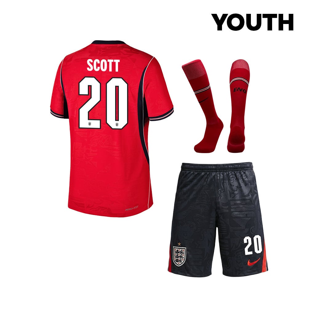 Alex Scott 20 England 2026 YOUTH Away Kit Set – Red/Black