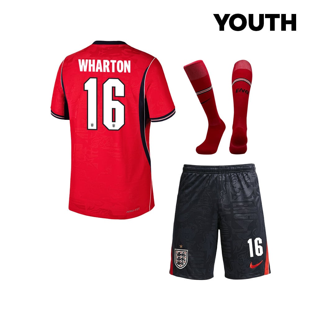 Adam Wharton 16 England 2026 YOUTH Away Kit Set – Red/Black