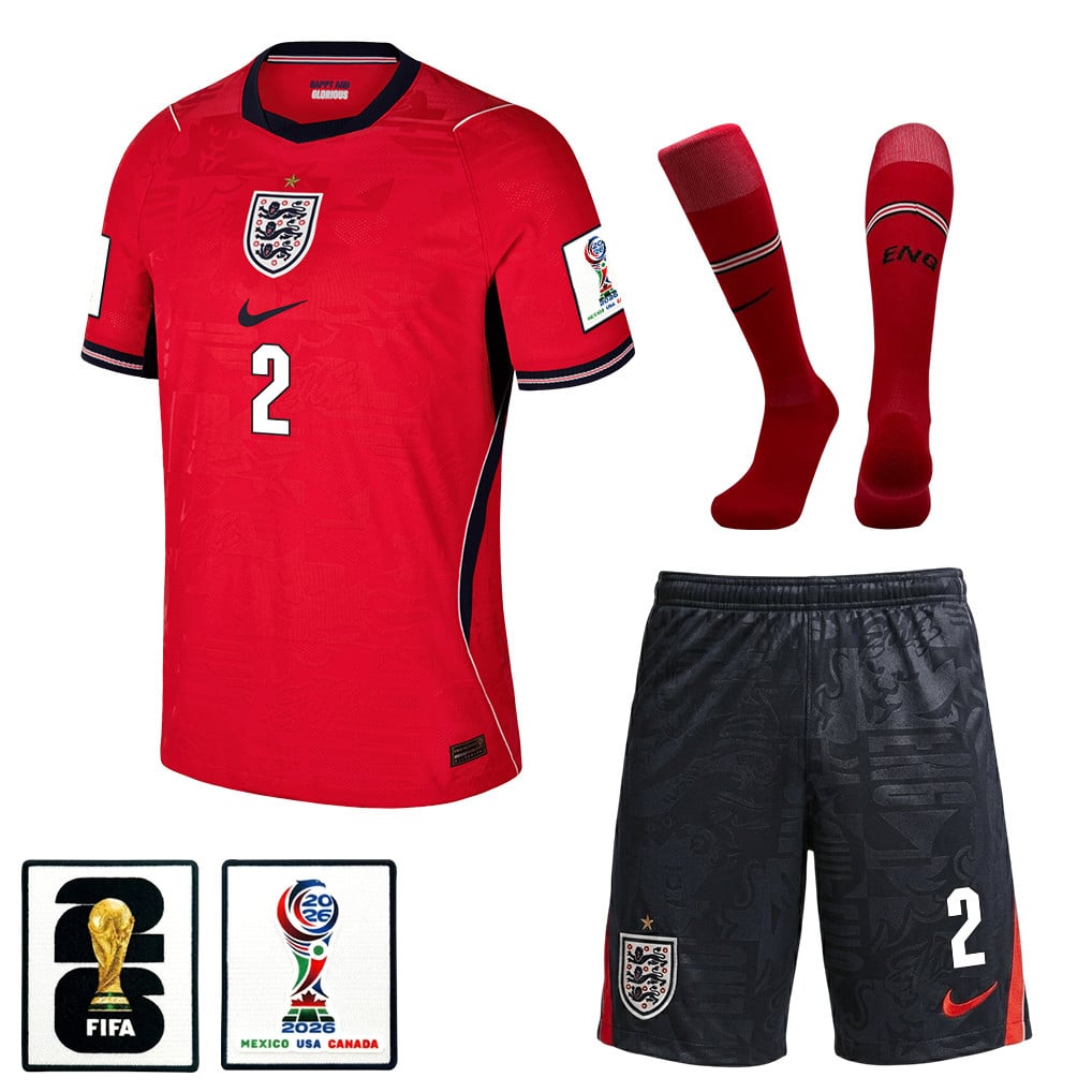 Ezri Konsa 2 England 2026 Away Men Kit Set – Red/Black
