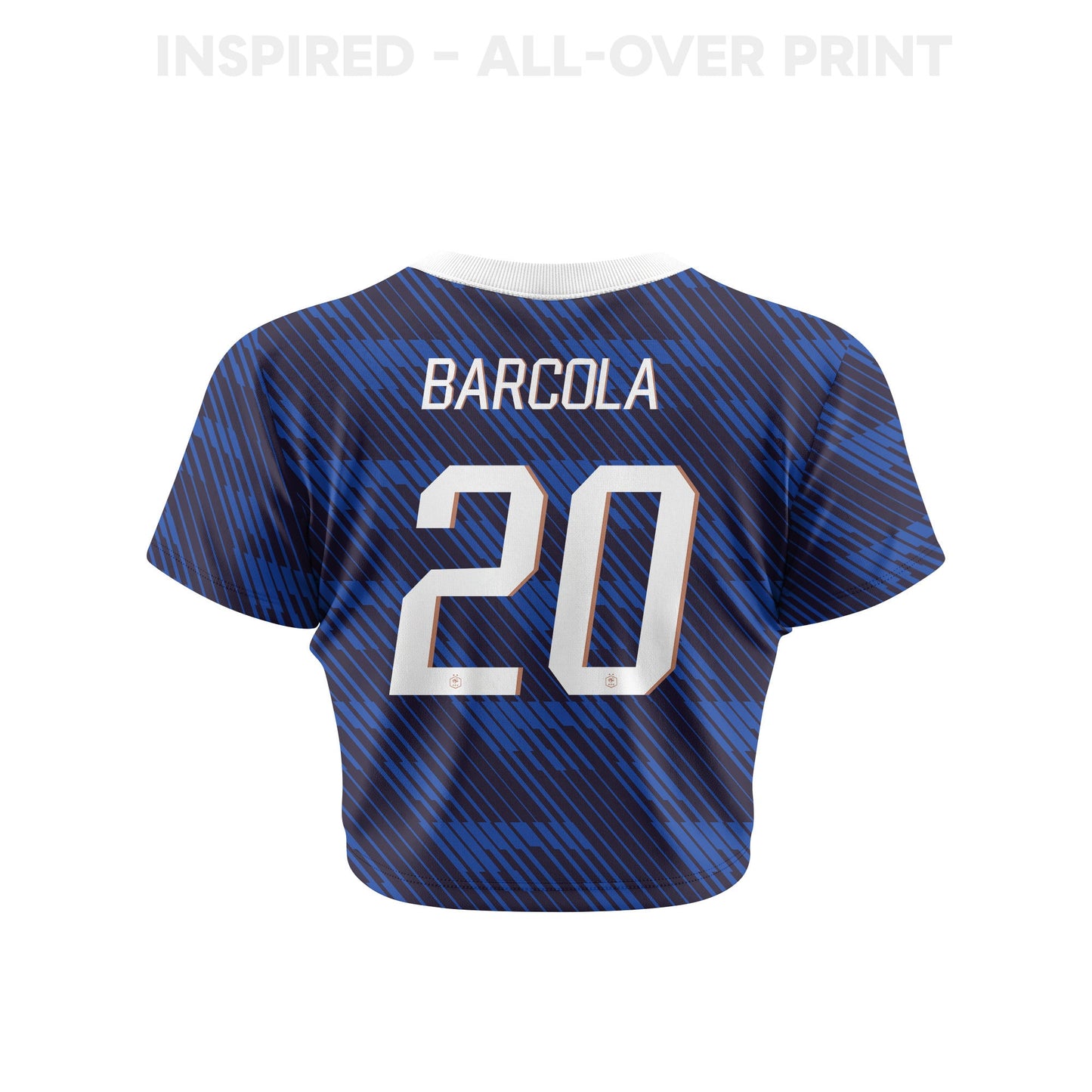 Bradley Barcola 20 France 2026 Women's Home All-Over Print Cropped Jersey - Blue