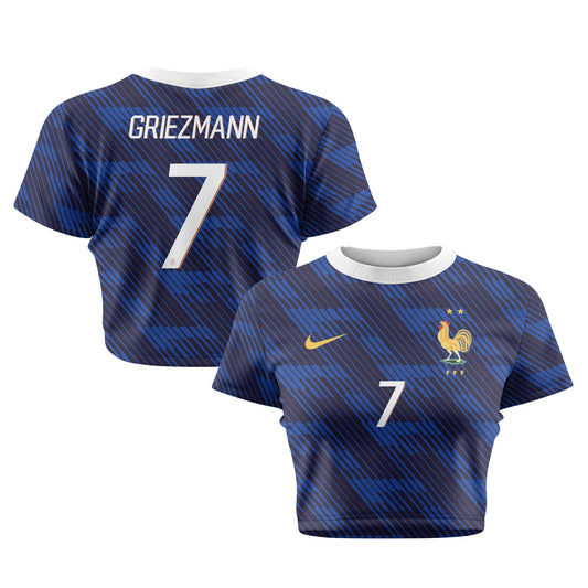 Antoine Griezmann 7 France 2026 Women's Home All-Over Print Cropped Jersey - Blue