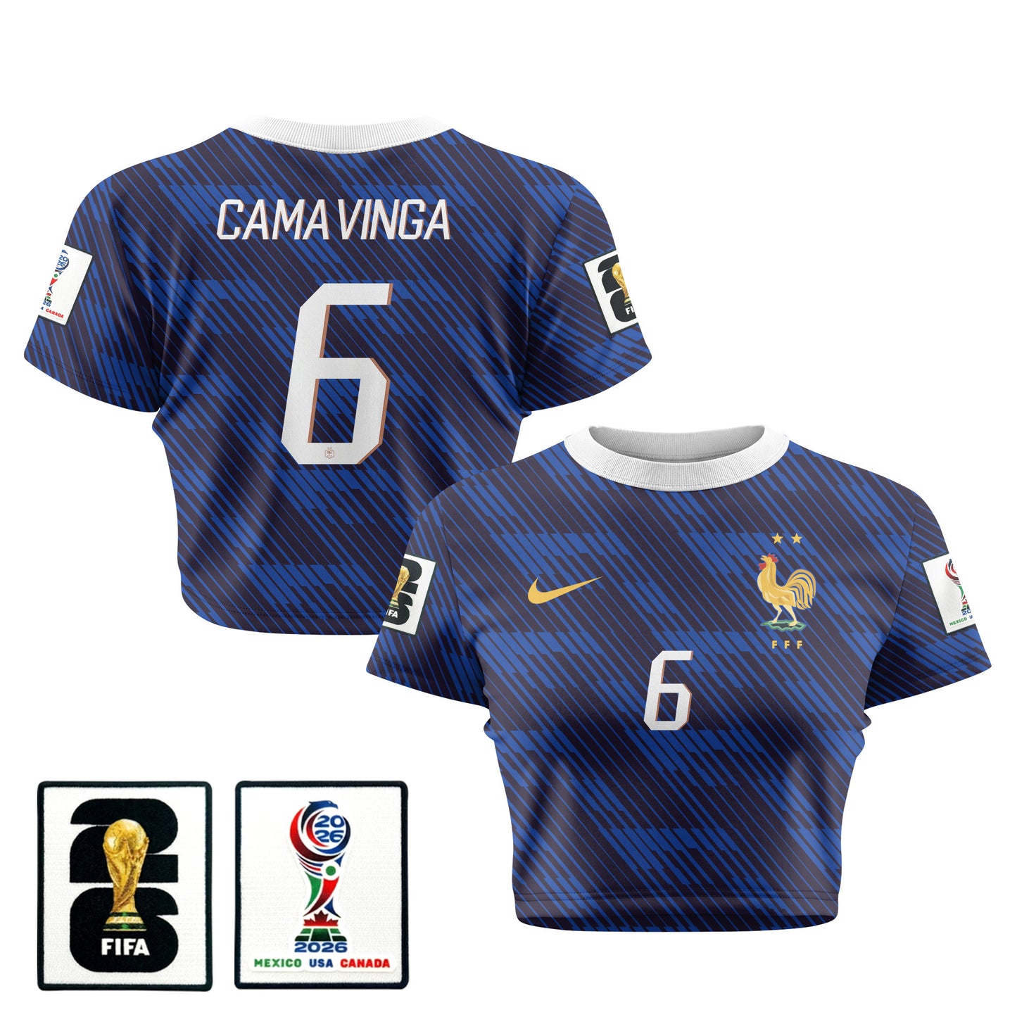 Eduardo Camavinga 6 France 2026 Women's Home All-Over Print Cropped Jersey - Blue