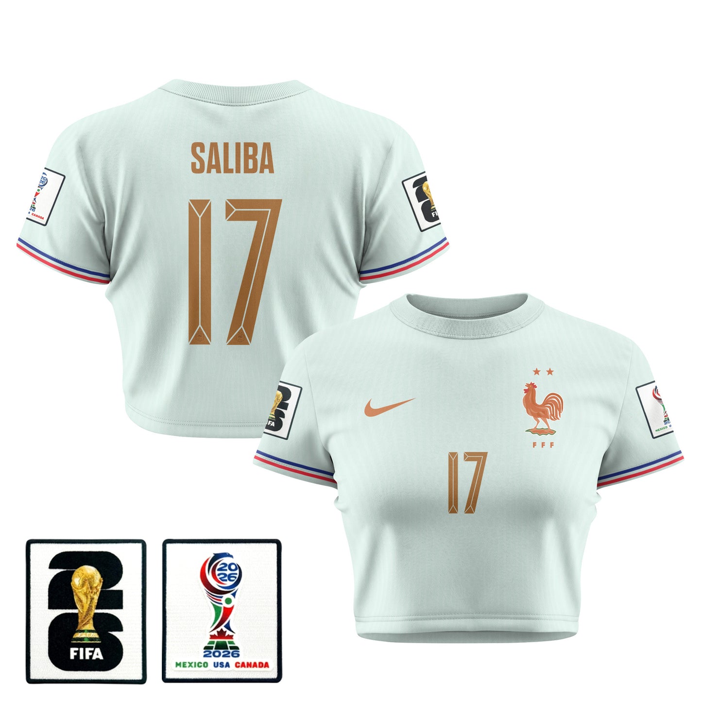 William Saliba 17 France 2026 Women's Away All-Over Print Cropped Jersey - Green