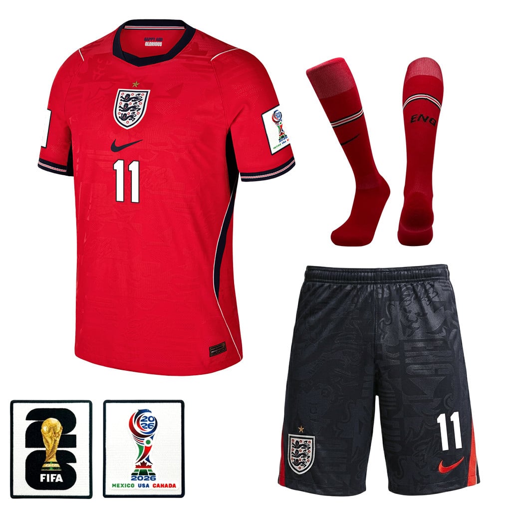 Marcus Rashford 11 England 2026 Away Men Kit Set – Red/Black