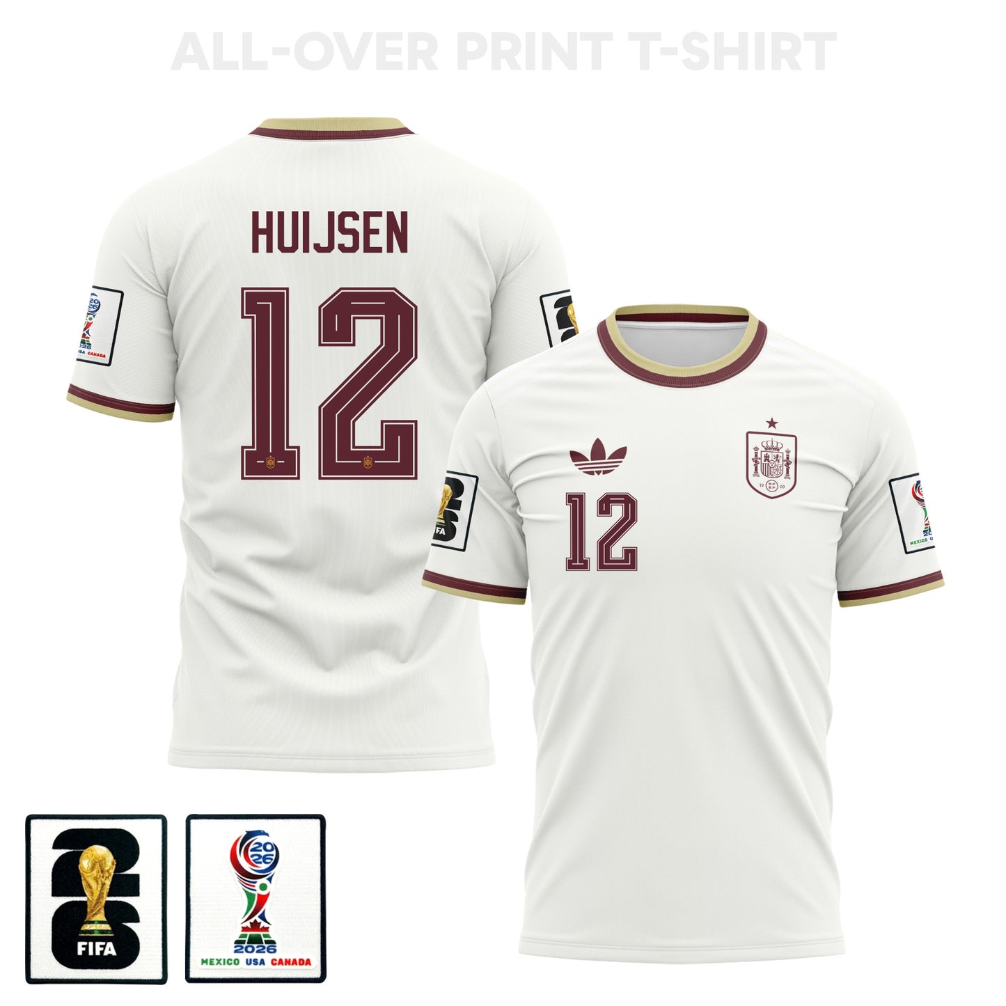 Dean Huijsen 12 Spain 2026 Away 3D T-Shirt Fully Printed – Unisex, White