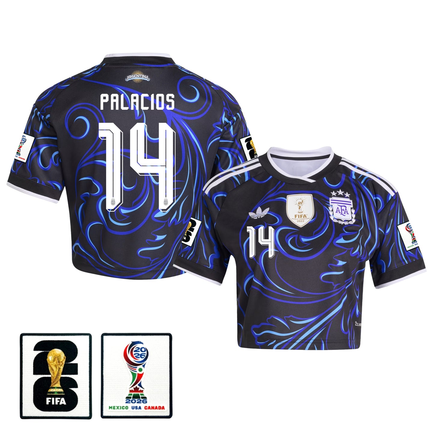 Exequiel Palacios 14 Argentina 2026 Away Women's Cropped Jersey - Black