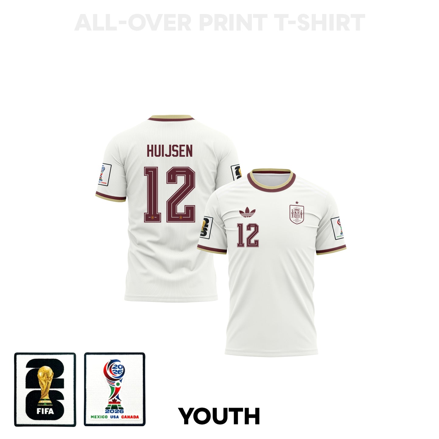 Dean Huijsen 12 Youth Spain 2026 Away 3D T-shirt Fully Printed – White