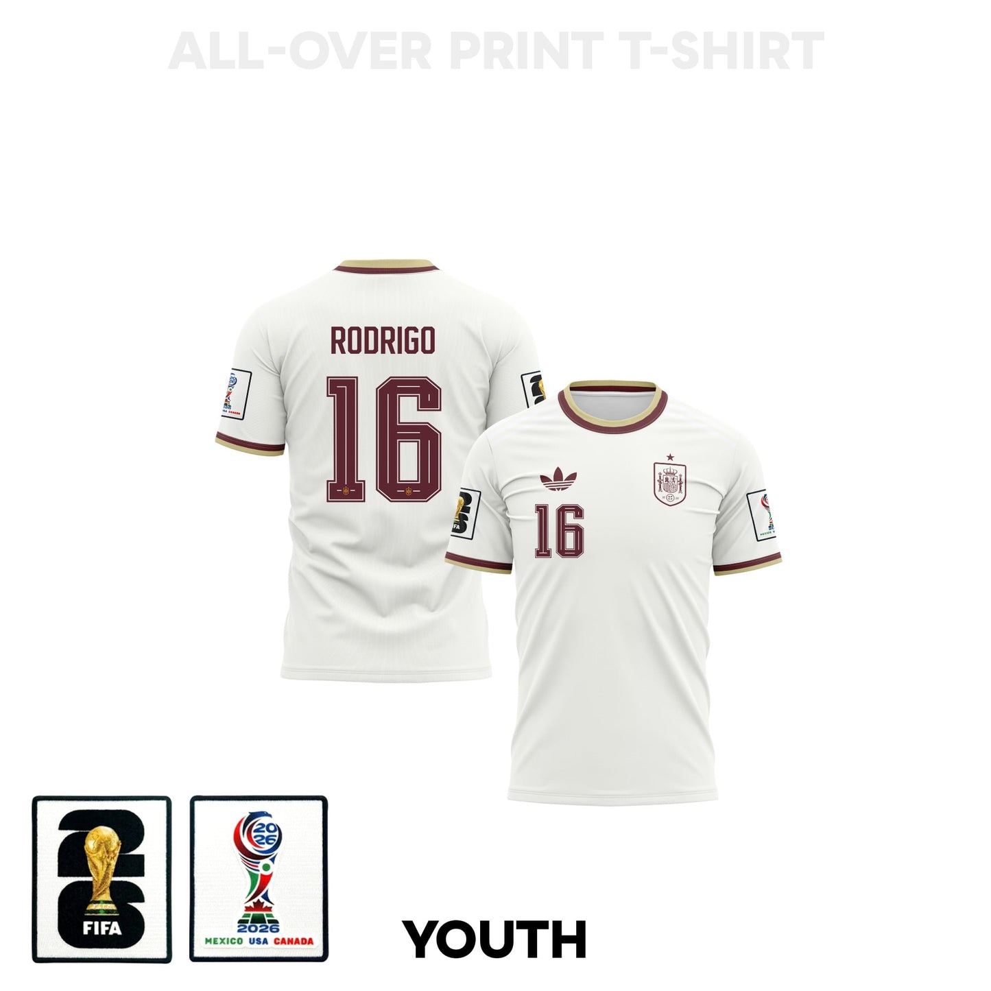 Rodri 16 Youth Spain 2026 Away 3D T-shirt Fully Printed – White