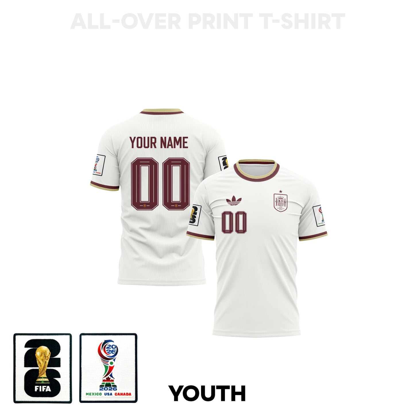 Spain 2026 Youth Away 3D T-shirt Fully Printed – Personalized – White