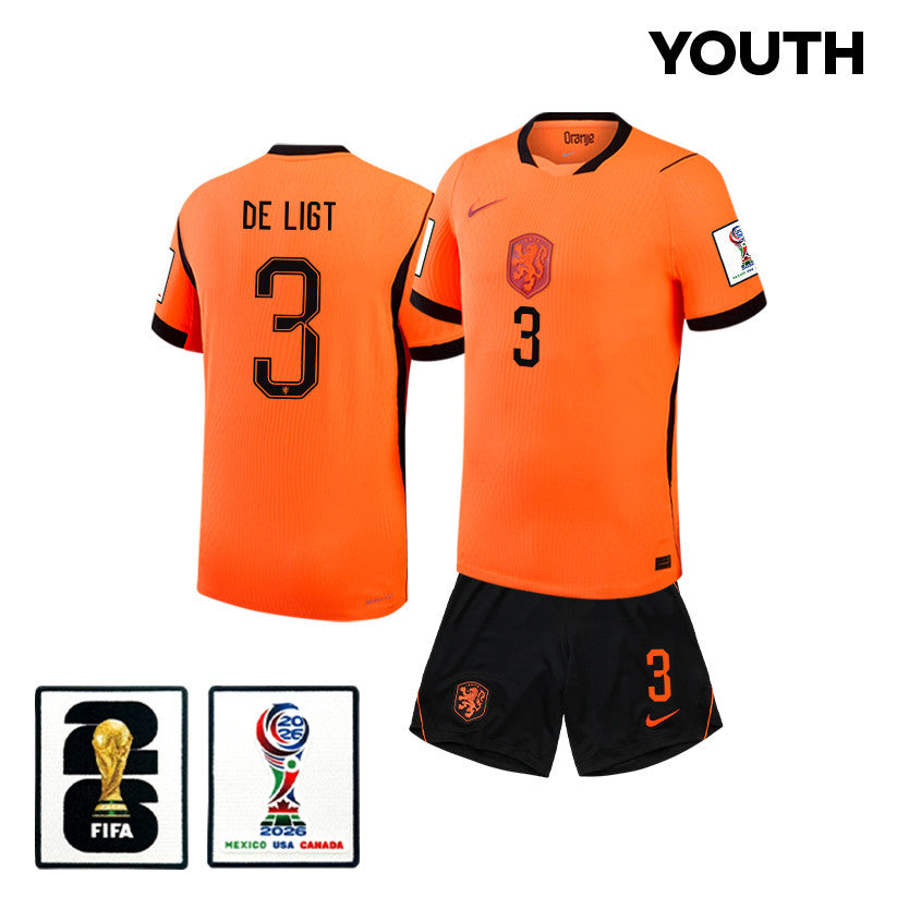 Matthijs de Ligt 3 Netherlands 2026 YOUTH Home Jersey & Shorts Set - Orange