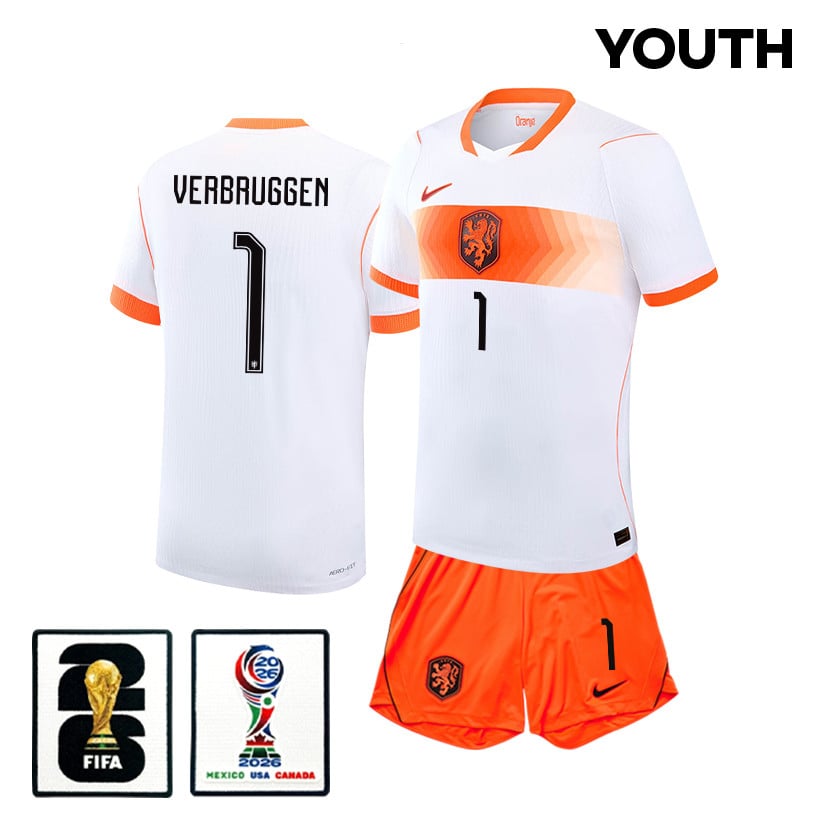 Bart Verbruggen 1 Netherlands 2026 YOUTH Away Jersey & Shorts Set - White