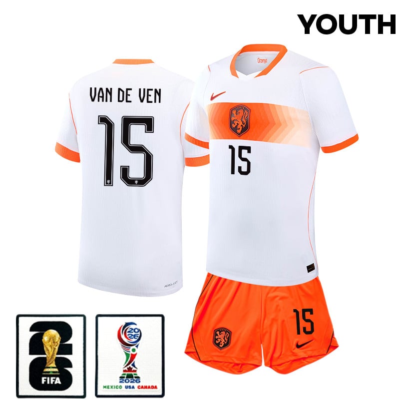 Micky van de Ven 15 Netherlands 2026 YOUTH Away Jersey & Shorts Set - White