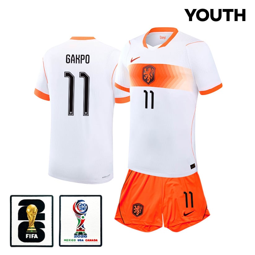 Cody Gakpo 11 Netherlands 2026 YOUTH Away Jersey & Shorts Set - White