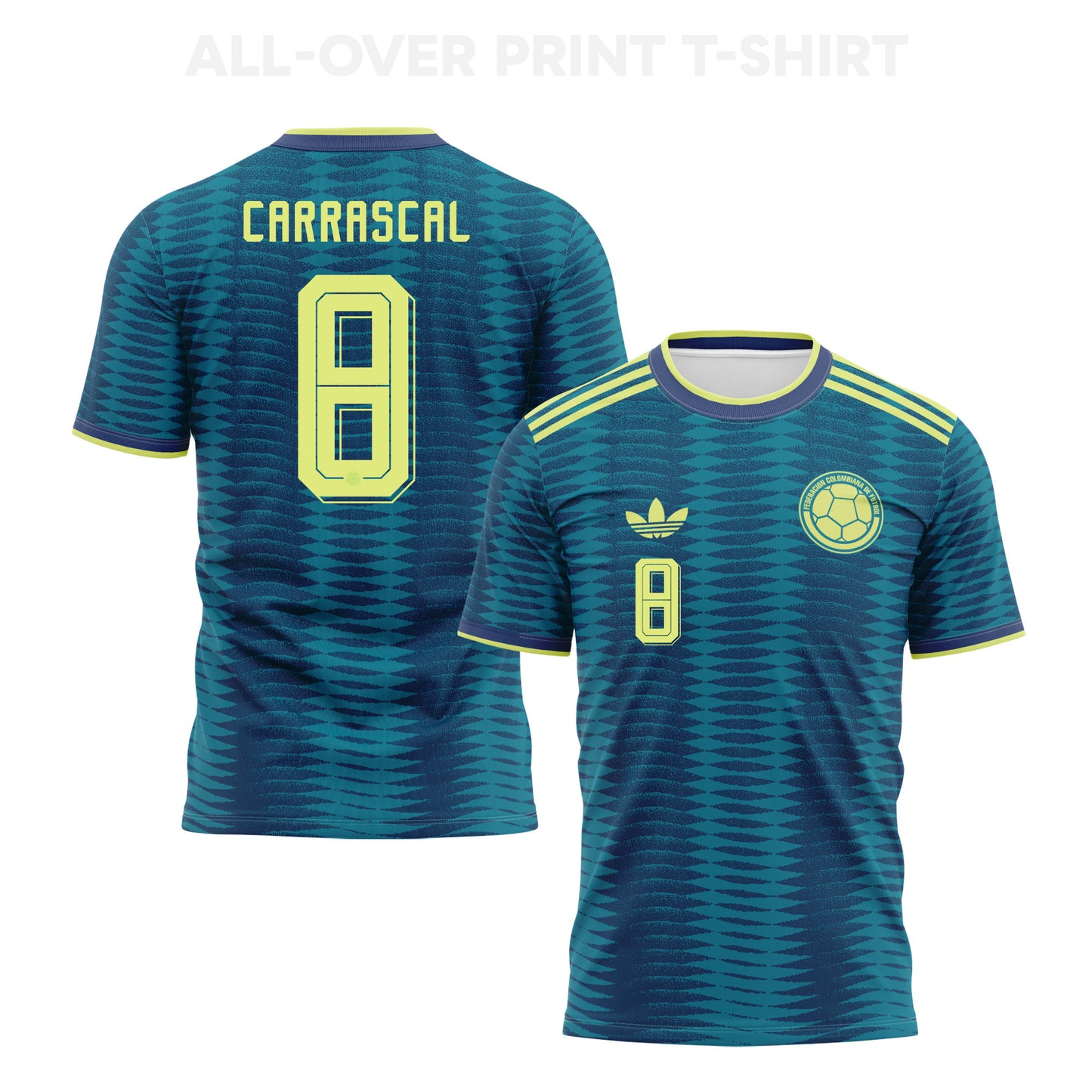 Jorge Carrascal 8 Colombia 2026 Away 3D T-Shirt Fully Printed – Unisex, Turquoise