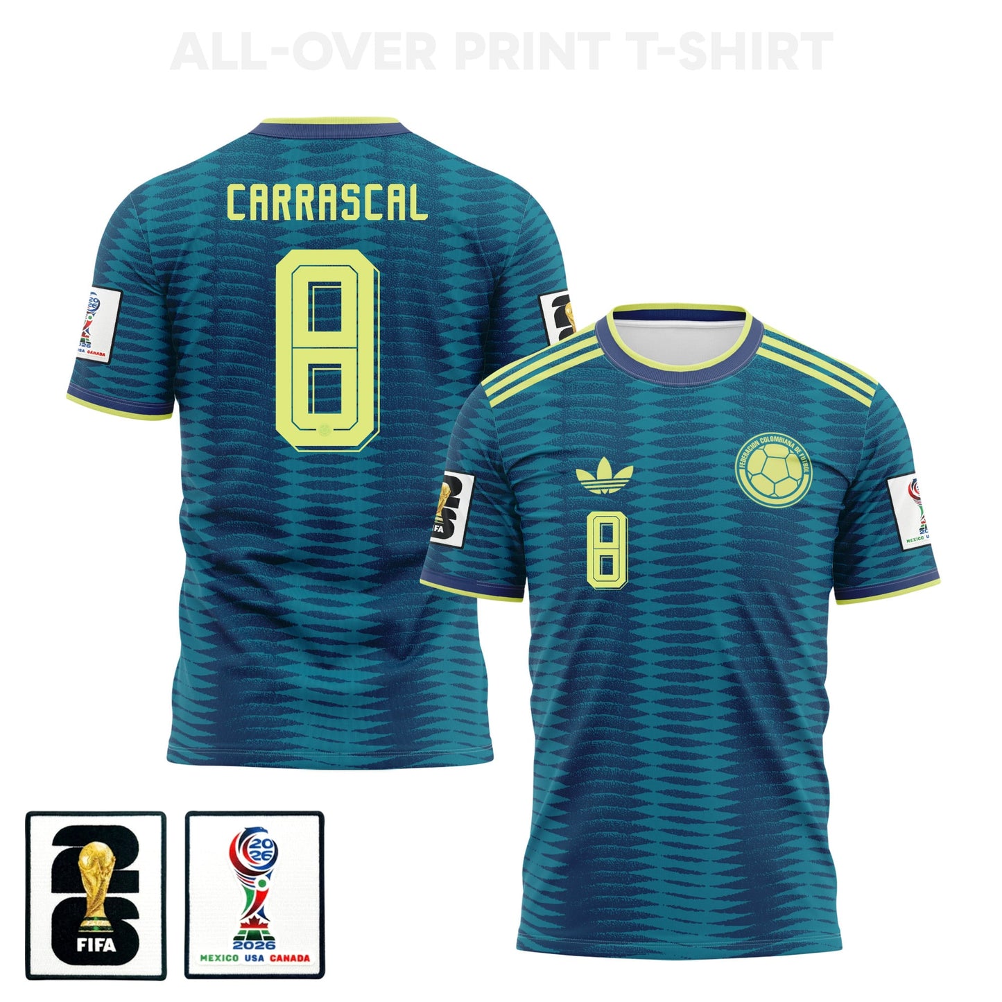 Jorge Carrascal 8 Colombia 2026 Away 3D T-Shirt Fully Printed – Unisex, Turquoise
