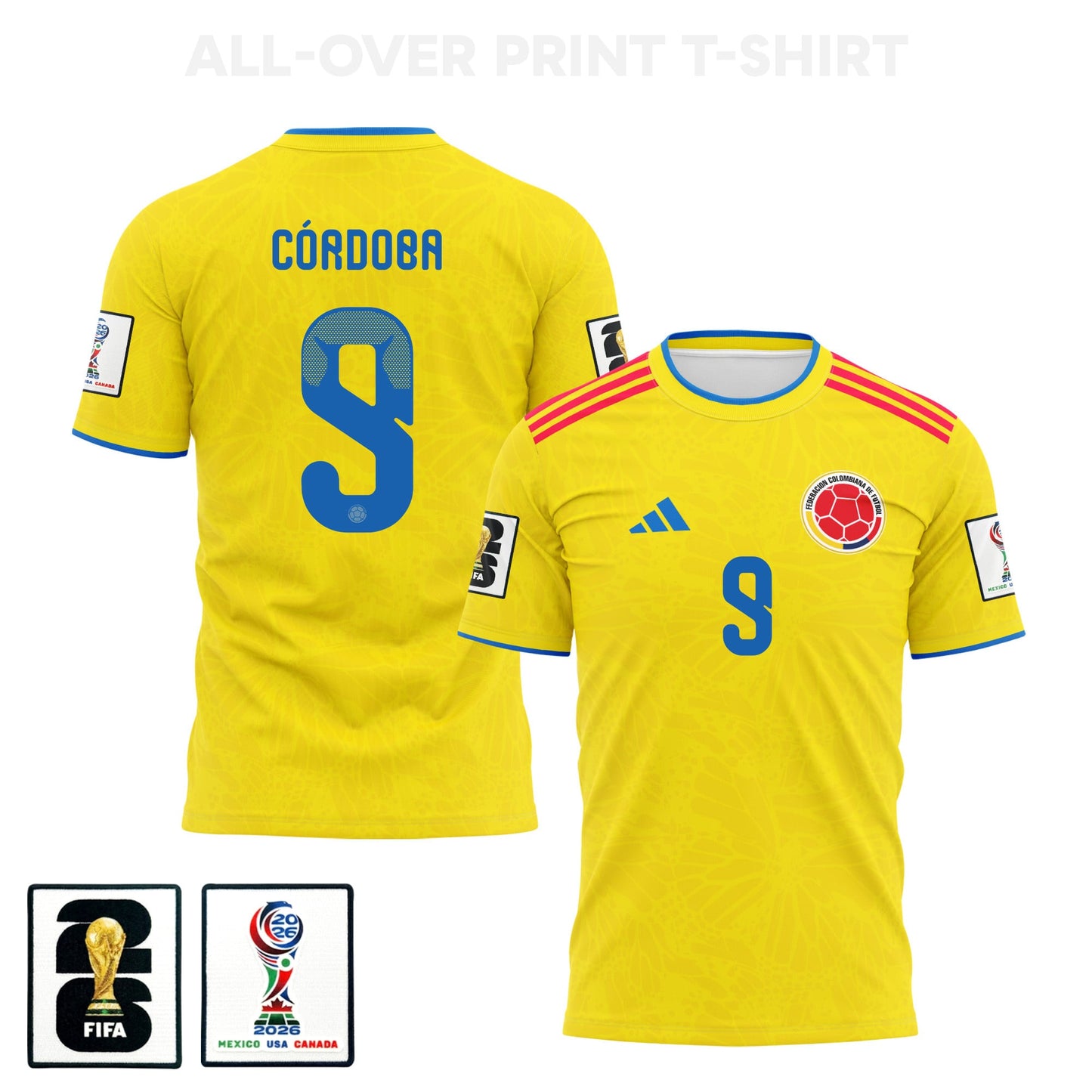 Jhon Córdoba 9 Colombia 2026 Home 3D T-Shirt Fully Printed – Unisex, Yellow