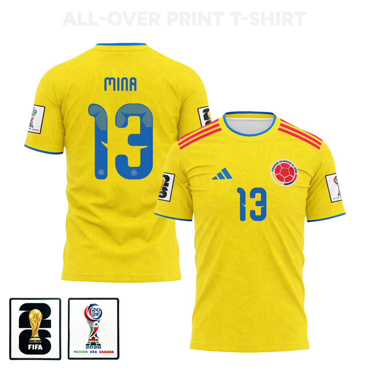 Yerry Mina 13 Colombia 2026 Home 3D T-Shirt Fully Printed – Unisex, Yellow