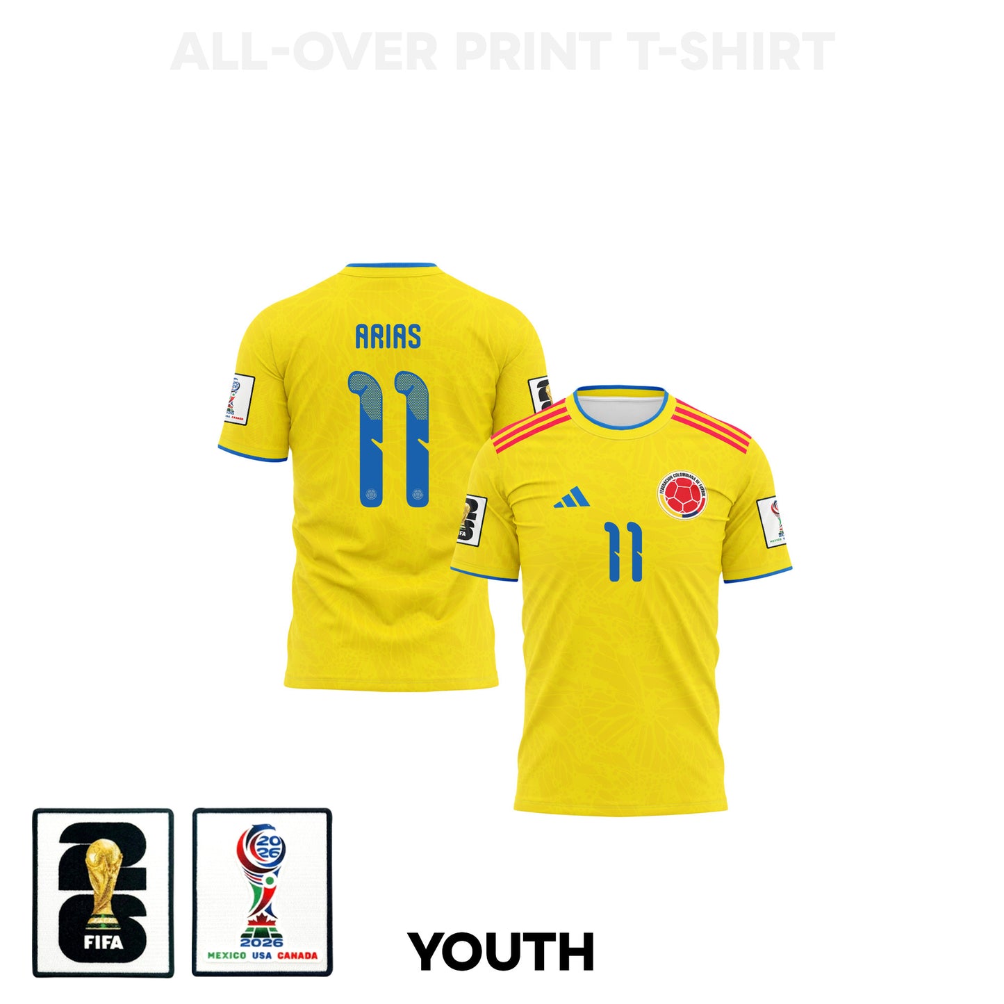 Jhon Arias 11 Youth Colombia 2026 Home 3D T-shirt Fully Printed – Yellow
