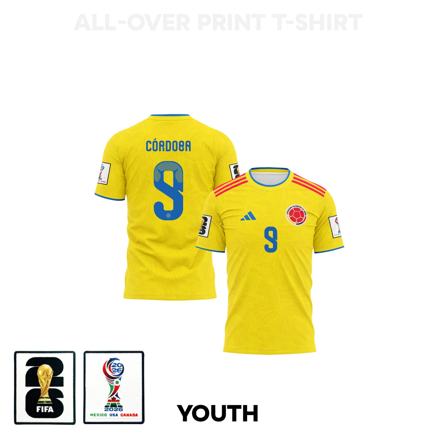 Jhon Córdoba 9 Youth Colombia 2026 Home 3D T-shirt Fully Printed – Yellow