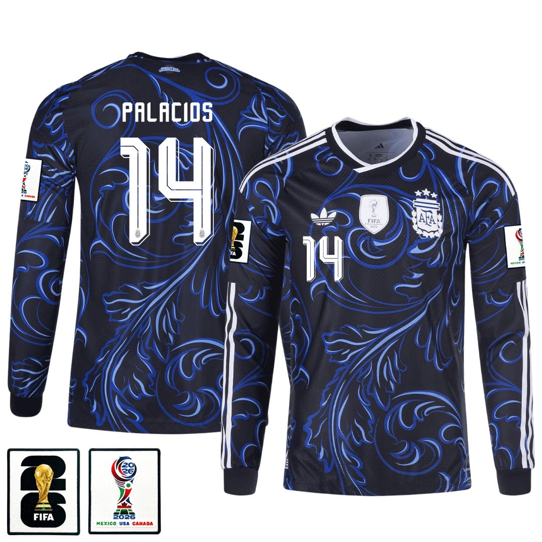 Exequiel Palacios 14 Argentina 2026 Away Long Sleeve Jersey - Black
